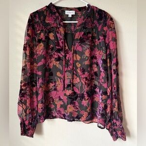 Evereve Floral Velvet Burnout Blouse Women’s XL Black and Purple Whimsigoth